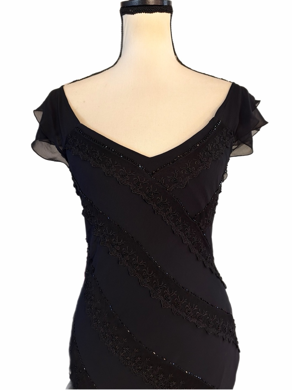 Vintage Sue Wong Nocturne Beaded Silk Sheer Mesh & Lace Ruffle Hem Maxi Dress - Picture 3 of 12